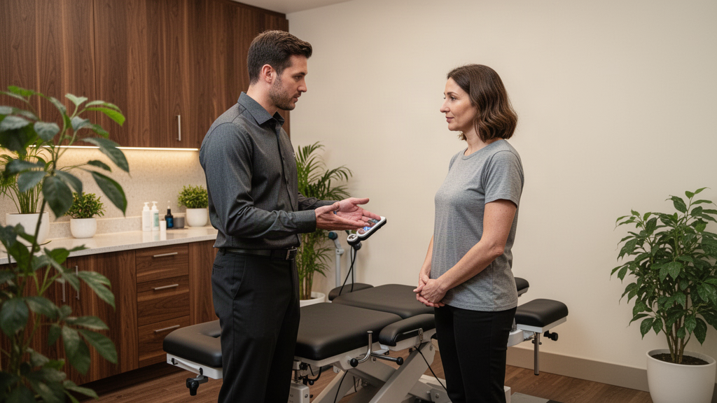 Chiropractor and patient beside an adjustment table