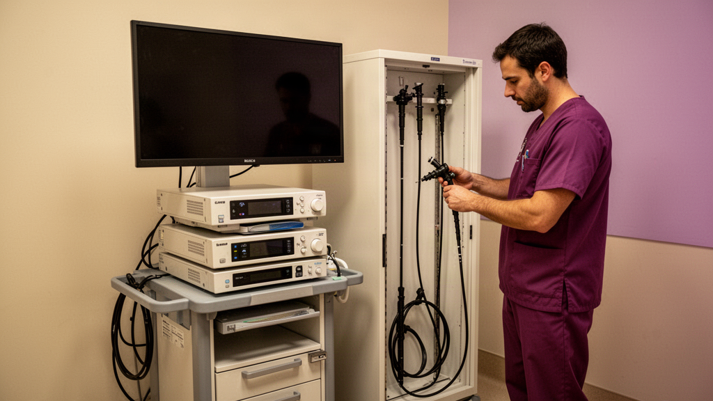 Technician checking modern endoscopy equipment