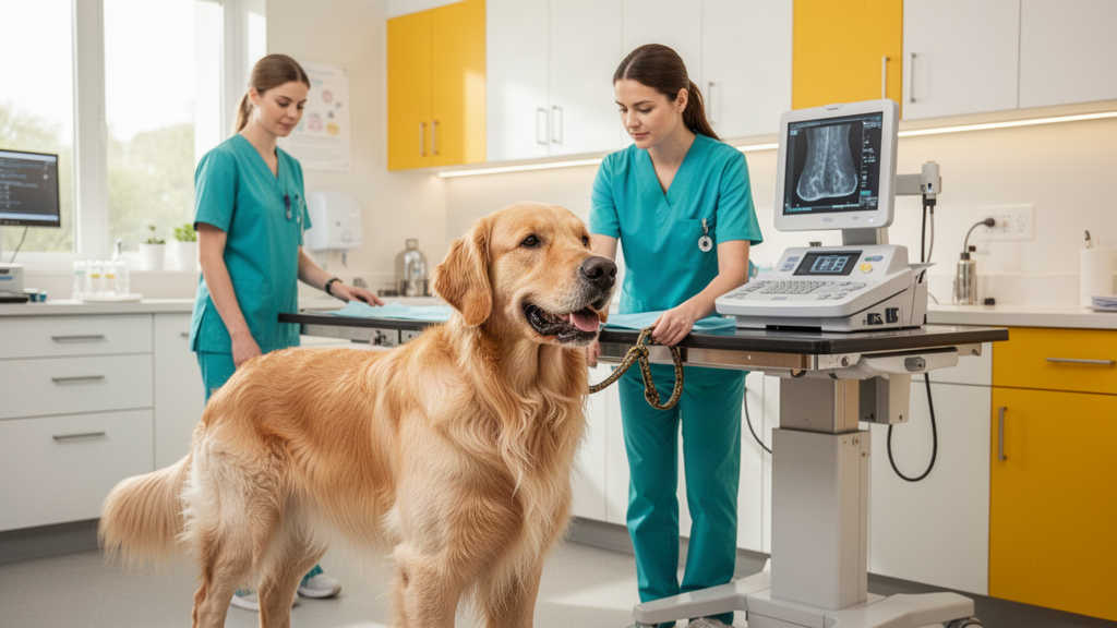 Veterinary technician and dog with radiography equipment